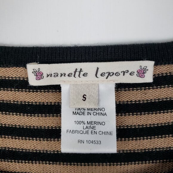 Nanette Lepore Merino Wool Sweater Black Tan Stripes Ruffle Cuffs Size Small - Picture 5 of 6
